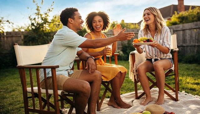 Friends laughing and sharing fruit on picnic blanket in sunny backyard summer gathering