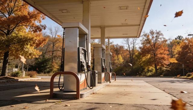 Autumn gas station forecourt with empty fuel pumps and falling leaves at golden hour