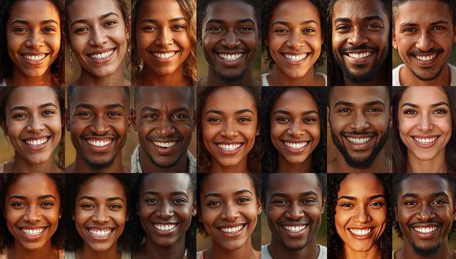 Diverse smiling black adults grid collage showcasing warm golden hour headshots and joy