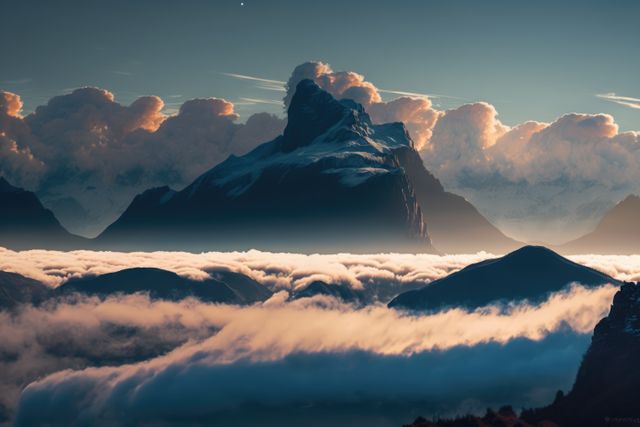 Mountains under a dramatic sunset sky, with clouds enveloping the peaks. The scene exudes serenity and grandeur, making it perfect for use in travel magazines, inspirational posters, or environmental conservation materials.