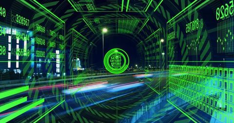 Neon-green augmented reality tunnel projecting hud reticle over night urban roadway