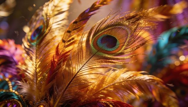 Iridescent peacock feather carnival headpiece with golden plumes and beaded eye spots