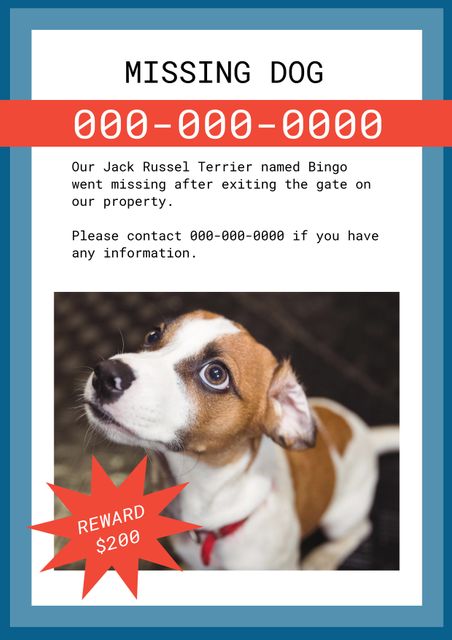 Missing Jack Russell Terrier with Reward Poster Template - Download Free Stock Templates Pikwizard.com