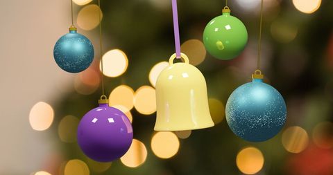 Colorful Christmas Ornaments Dangling with Festive Lights