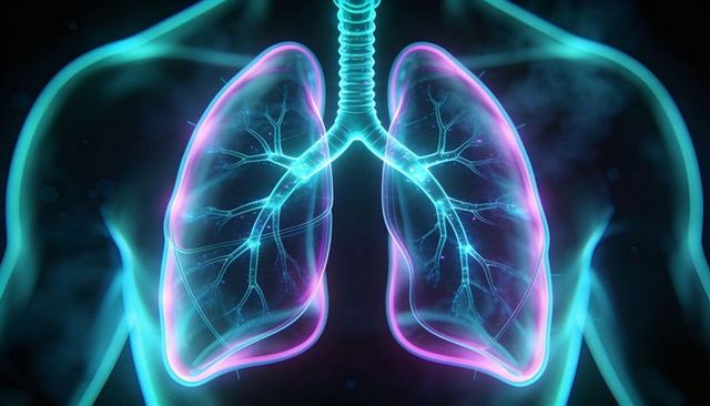 Glowing Neon Lungs Displaying Bronchial Tree and Trachea, Futuristic Medical Illustration