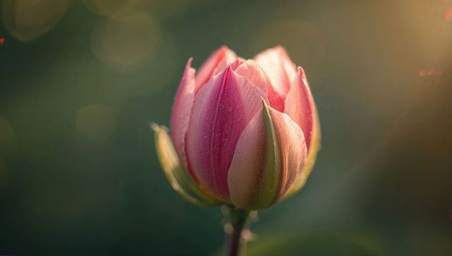 Pink tulip bud glowing in golden morning light with dewdrops and soft bokeh