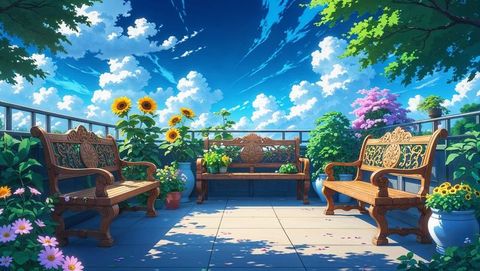 Idyllic anime rooftop terrace with ornate benches and sunflowers