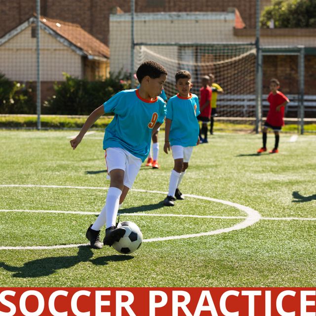 Square image of soccer practice and team of diverse boys training. Soccer, sport, training and practice concept.