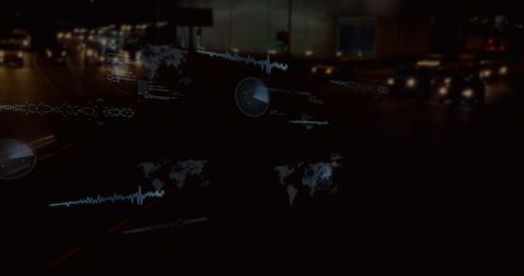 Futuristic data visualization overlay in an urban night scene