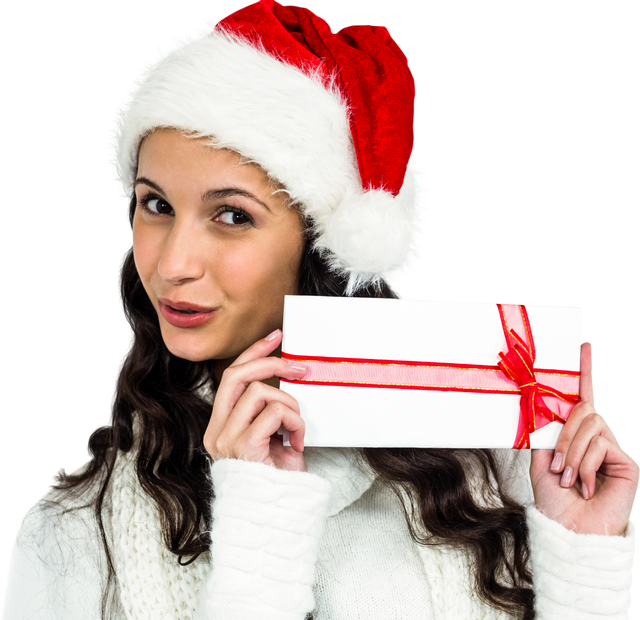 Smiling Woman in Santa Hat Holding Gift Box with Red Bow - Transparent Background - Download Free Stock Videos Pikwizard.com