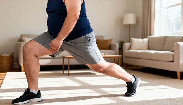 Overweight man performing forward lunge in bright living room home workout