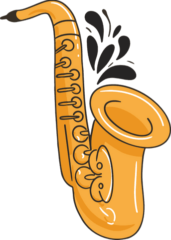 Cartoon saxophone illustration with transparent background and musical notes