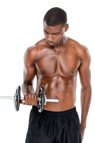 Transparent fit man lifting dumbbell for strength training