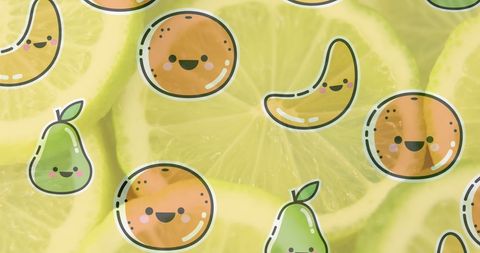 Playful cartoon fruit characters on citrus background