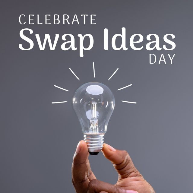 Cropped hand of biracial man holding light bulb and celebrate swap ideas day text on gray background. Copy space, digital composite, thoughts, brainstorming, exchanging, potential, holiday concept.