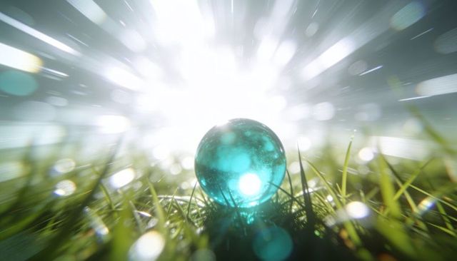 Teal glass orb nestling in dewy grass with radiant sunburst and bokeh