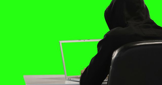 A person in a black hoodie is using a laptop against a green screen background, with copy space. This setup is often used in video productions to key out the background and replace it with digital or alternative content.