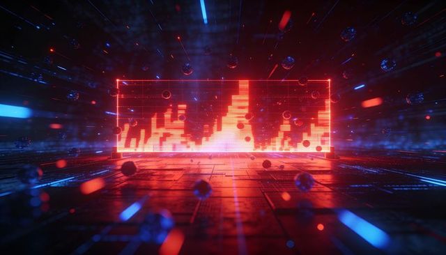 Neon Data Wave LED Visualizer Pulsing in Futuristic Corridor with Floating Spheres