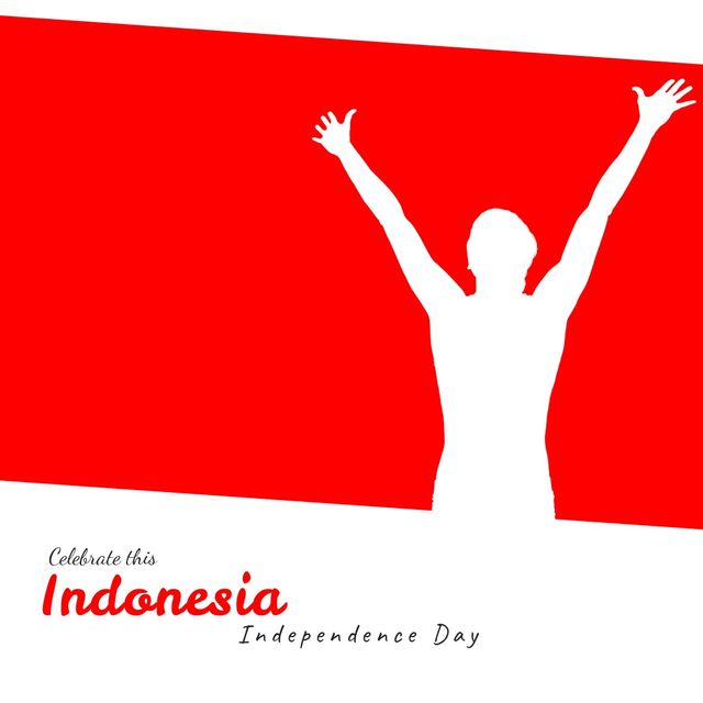 This vibrant vector art showcases a happy person with arms raised, celebrating Indonesia's Independence Day. The strong contrast of red and white colors embodies the national pride and festive spirit of the day. Ideal for use in promotional materials, festive event posters, social media graphics, and educational content aiming to highlight Indonesian culture and celebrations.