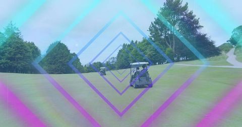 Driving golf cart carrying golfer across fairway with neon geometric overlay, light leak