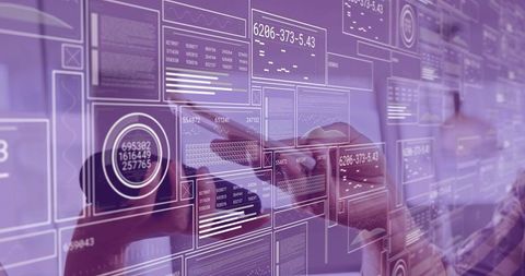 Team collaborating on holographic data wall with interactive analytics dashboards