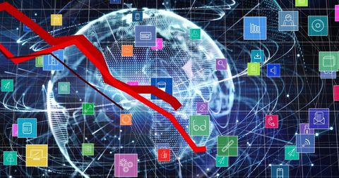Digital Network Icons and Declining Chart on Global Background - Download Free Stock Images Pikwizard.com