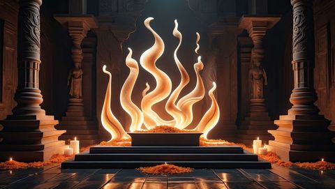 Radiating sandalwood flame sculpture illuminating temple altar