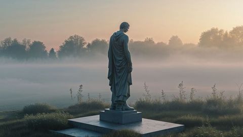 Serene stone statue amid misty sunlit meadow