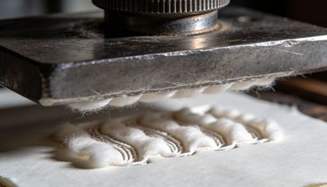 Pressing tufted cotton batting under vintage steel head, macro textile production detail