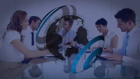 Diverse Colleagues Collaborating with Futuristic Global Interface