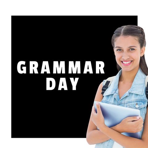 Smiling Student Holding Book with Grammar Day Concept - Download Free Stock Templates Pikwizard.com