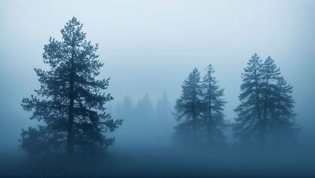 Misty pine forest at dawn with towering conifer silhouettes and tranquil blue-gray fog
