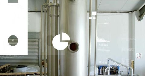Stainless steel processing vessel with nozzle and data overlay in industrial plant