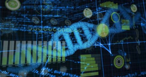 Holographic dna helix visualizing genomic data analytics on futuristic neon digital dashboard