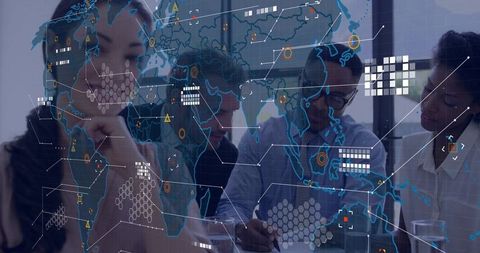 Business team analyzing global data on interactive map and analytics visualization
