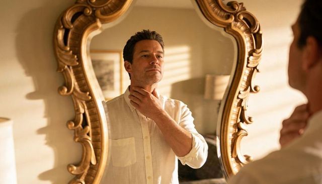 Man adjusting collar reflected in ornate gold mirror warm morning light