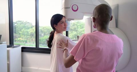 African American Mammography Technologist Positioning Patient for Breast Screening