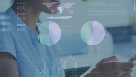 Businesswoman Engaging with Smartphone and Data Analytics Visualization