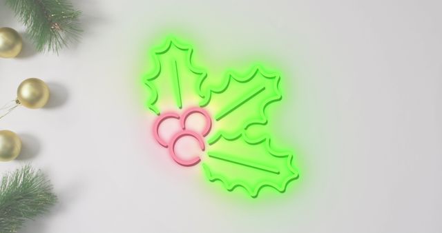 Neon Holly Leaves and Berries with Pine Branches Christmas Decoration - Download Free Stock Images Pikwizard.com