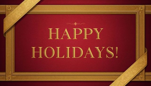 Luxurious gold frame surrounding happy holidays text on rich red panel with golden ribbons