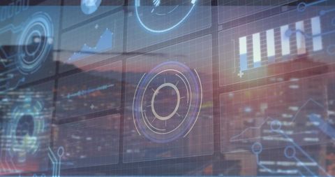 Futuristic Interface Display with Data Visualizations at Dusk