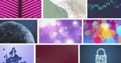 Collage of futuristic tech data and abstract designs