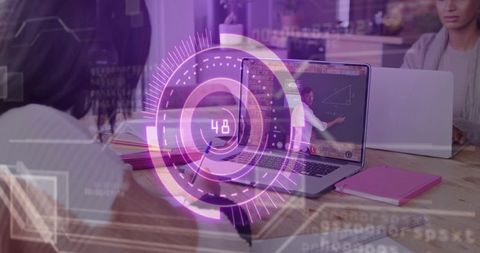 Students Studying at Coworking Table with Online Tutor and Futuristic HUD
