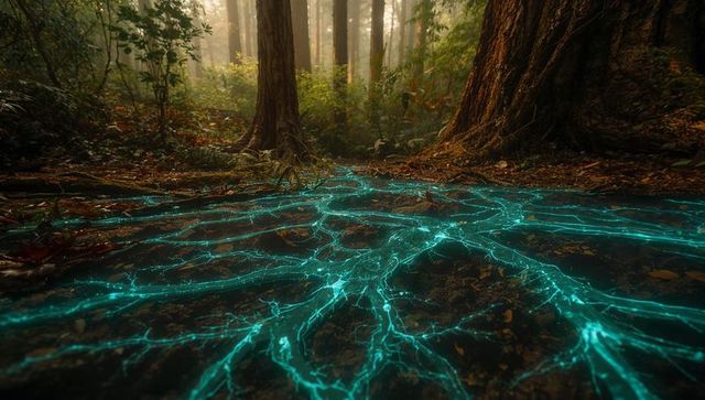 Glowing cyan mycelial network spreading across mossy forest floor beneath giant trees