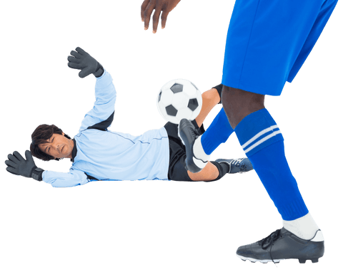 Transparent soccer player kicking ball at goalkeeper