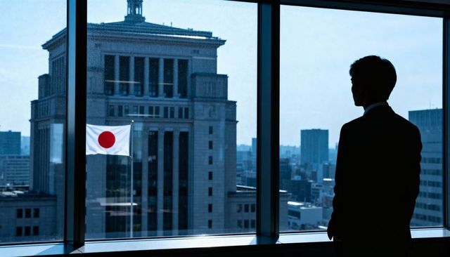 Silhouetted business executive standing at office window viewing japanese flag and city skyline