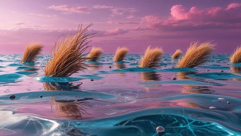 Golden grass emerging in glossy water at dusk