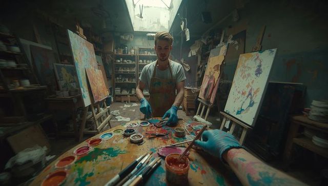 Artist duo creating colorful canvases in rustic studio