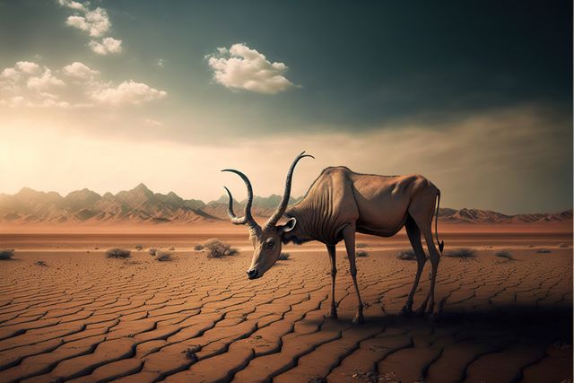 Composition of cracked desert and lonely starving antelope created using generative ai technology. Global warming and ecology concept, digitally generated image.