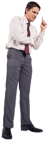 Conflicted Businessman with Smartphone on Transparent Background